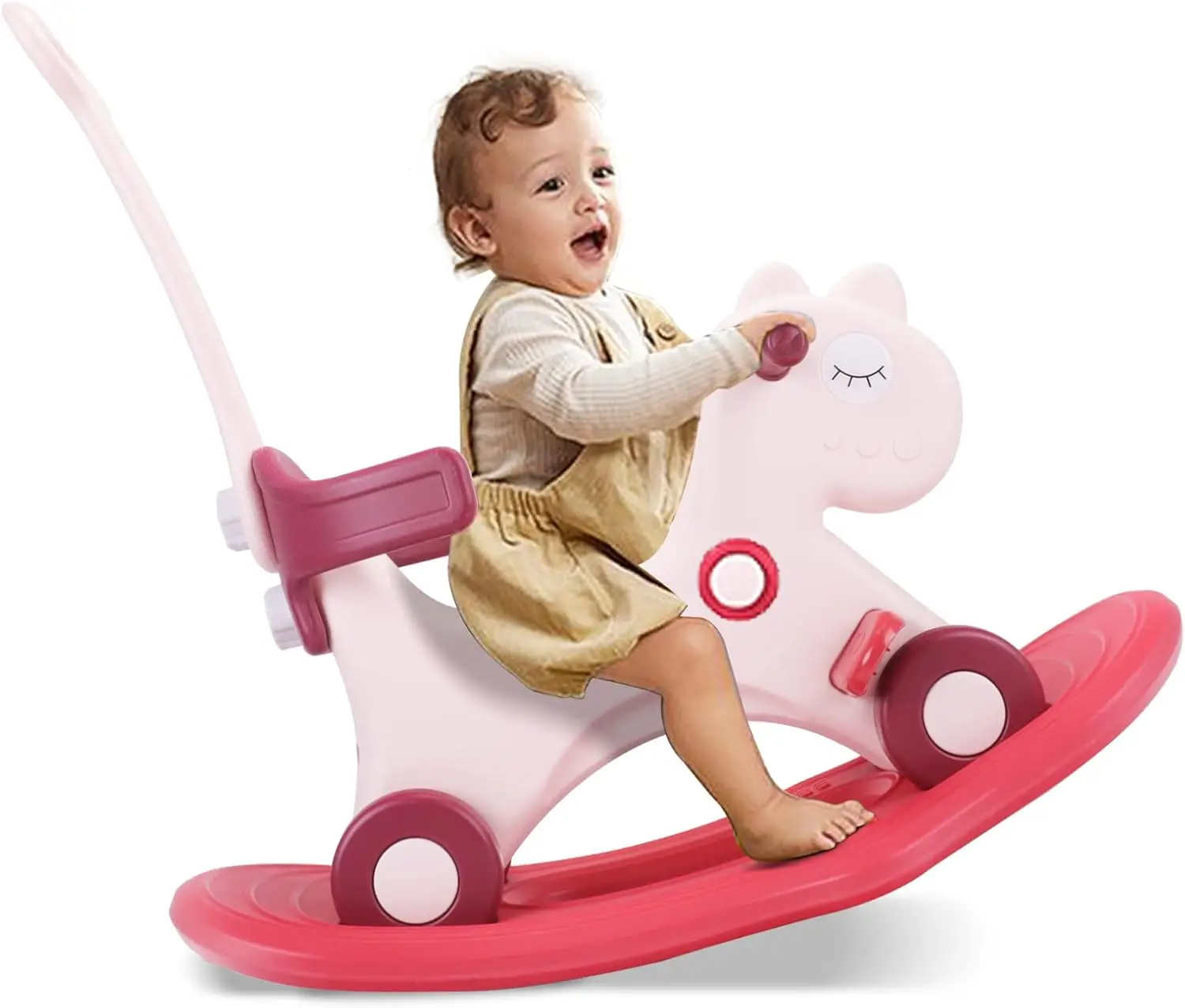 Cheval à bascule 4 en 1 pour tout-petits de 1 à 3 ans, jouets de vélo d'équilibre avec poignée de poussée, dossier et planche d'équilibre pour bébé