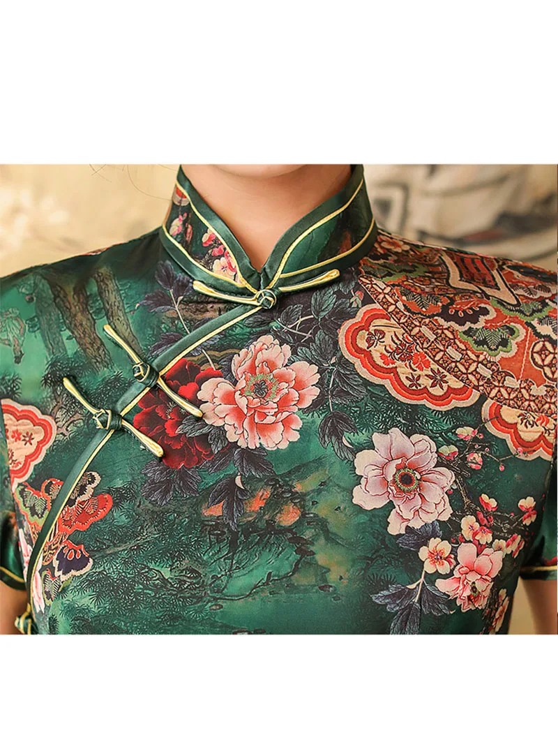 7 Colors Green Silk Cheongsam Summer Vintage Lined Dress Plus Size Party Wedding Costumes Floral Elegant Qipao M To 4XL