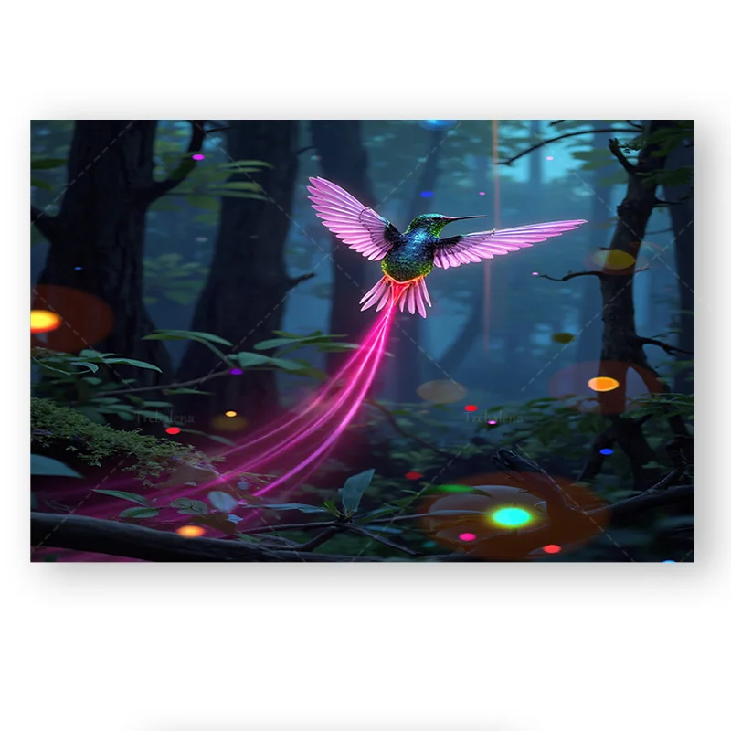 1pc Wall Tapestry Enchanted Forest Hummingbird Tapestry with Glowing Trails and Bokeh Lights