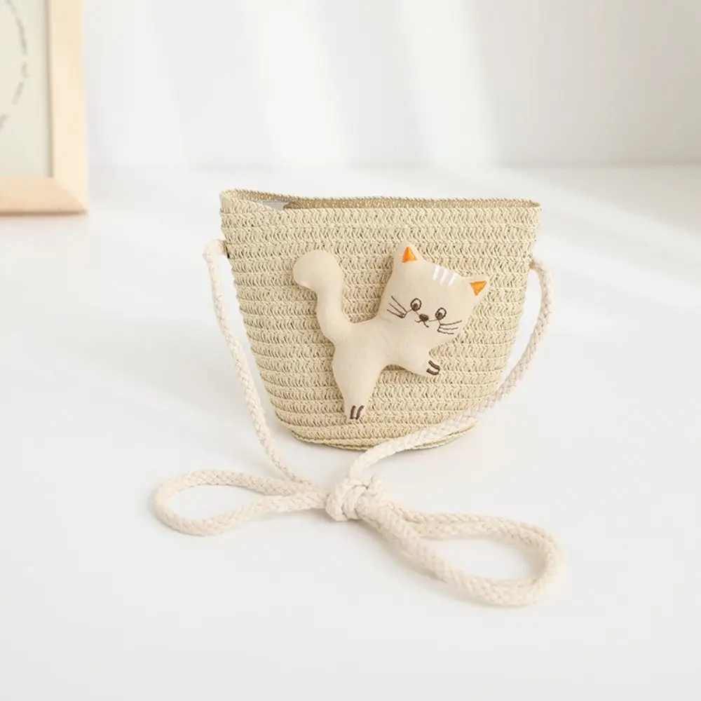 Mini sac en paille tissé à la main pour enfants, sac à main à bandoulière, porte-monnaie mignon, sacs de messager à fermeture éclair, accessoires photo de chat de dessin animé