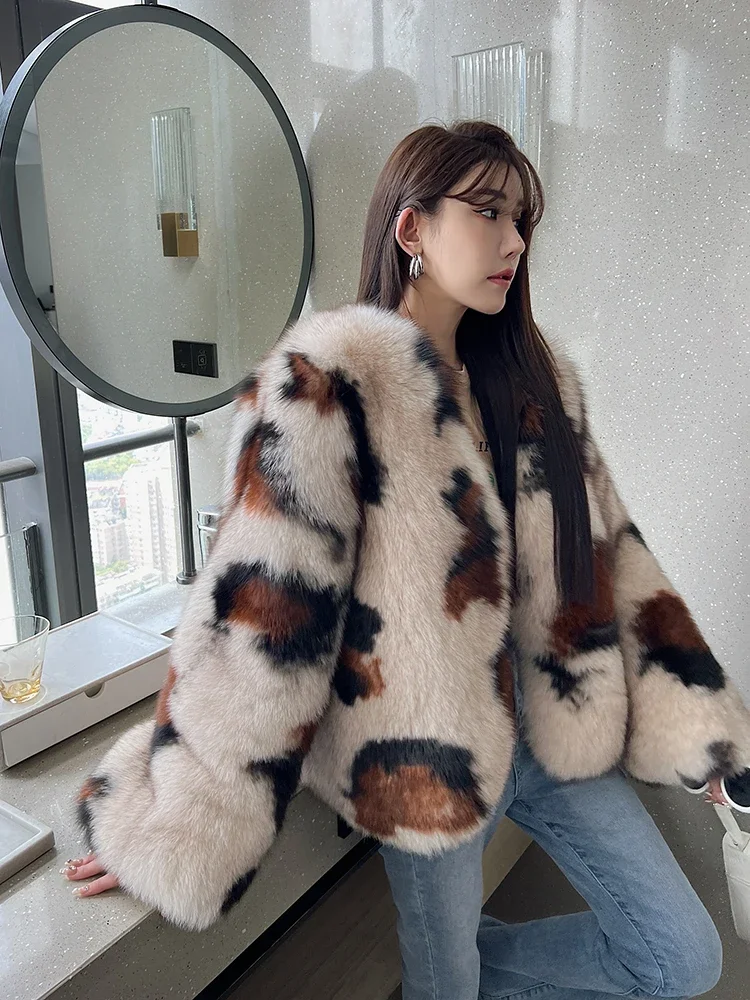 Big Leopard Imported Finnish Fox Real Fur Coat for Women Young Knitted Thick Warm Fur Sexy Club Jackets Autumn/Winter Outer Wear