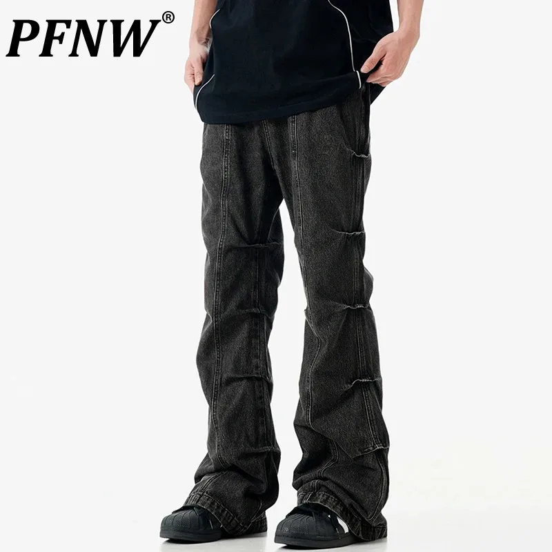 

PFNW American Spliced Pleasted Design Jeans Male High Street Washed Loose Boot Cut Denim Trousers 2024 Autumn Chic New 28W4101