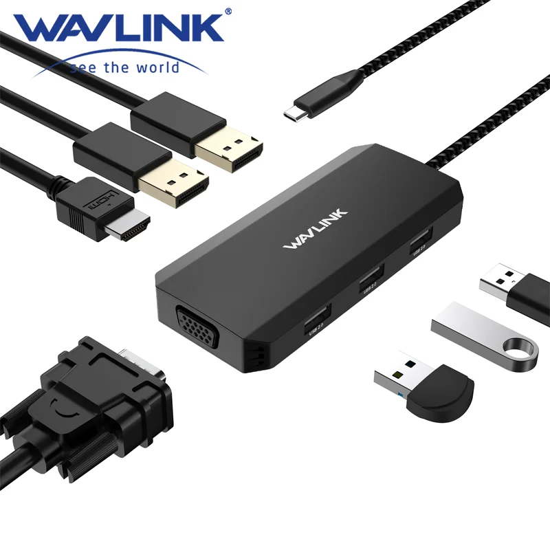 محطة إرساء الكمبيوتر المحمول WAVLINK USB C رباعية الشاشة 7-IN-1 محول متعدد المنافذ مع 4K HDMI 8K DP1/2 VGA 3xUSB2.0 لـ Dell/HP/Lenovo #1