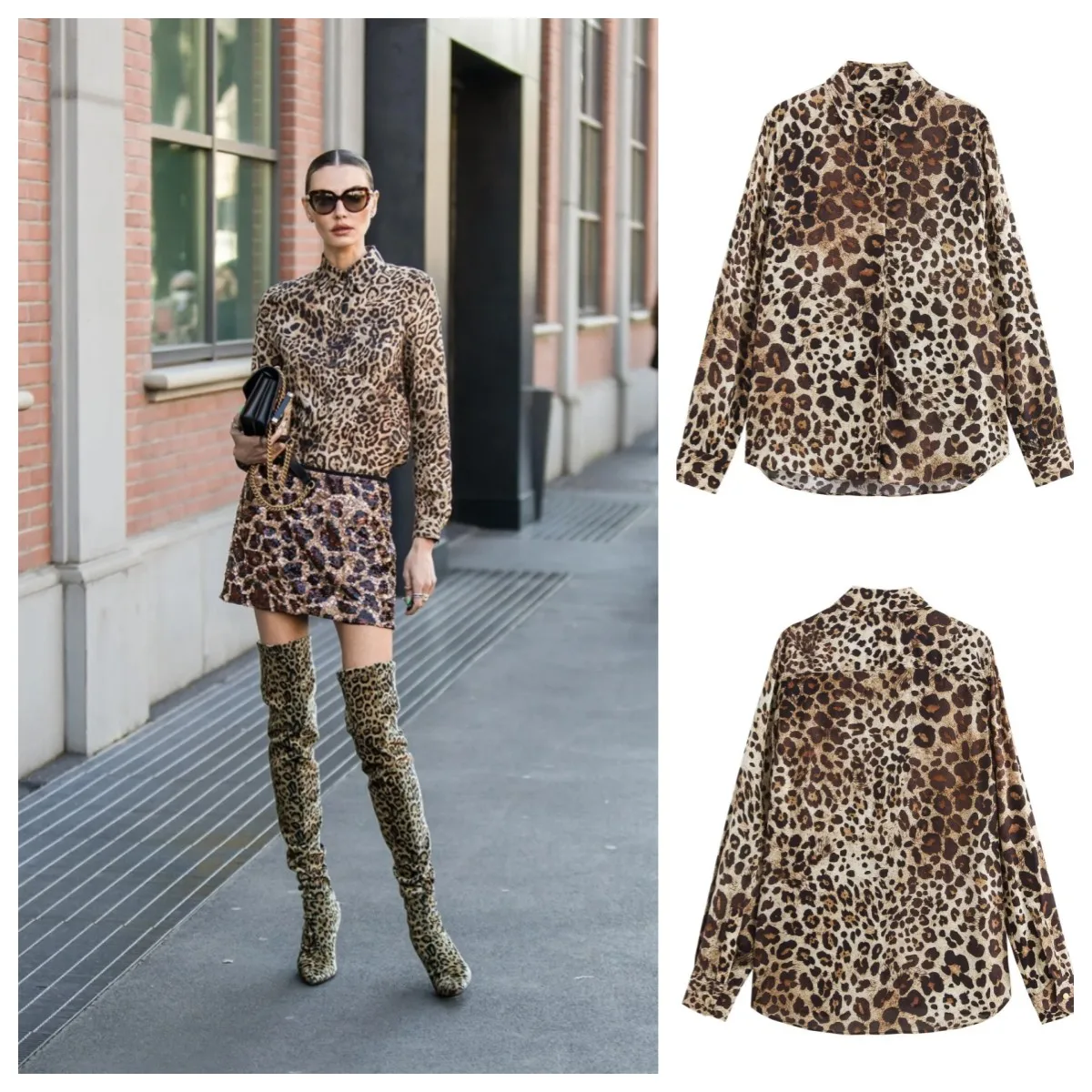 Animal Print Shirt for Women traf 2024 Autumn Basic Leopard Print Button-down Long-sleeved Shirt