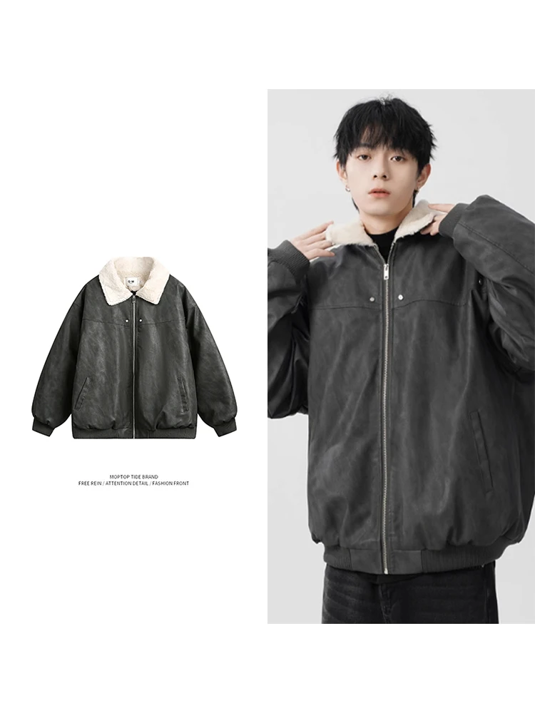 

Утепленная куртка из искусственной кожи и овечьего вельвета, хлопковая рабочая куртка, мужская зимняя теплая куртка с воротником-стойкой, ветрозащитная, с длинными рукавами, в американском стиле