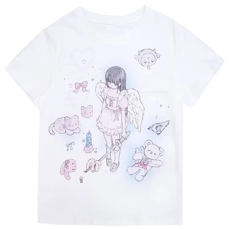 

Anime Print Short Sleeve Loose T-shirt White Long Harajuku Subculture Tops Y2k Japanese Women Casual Fashion Summer 2026 Tees