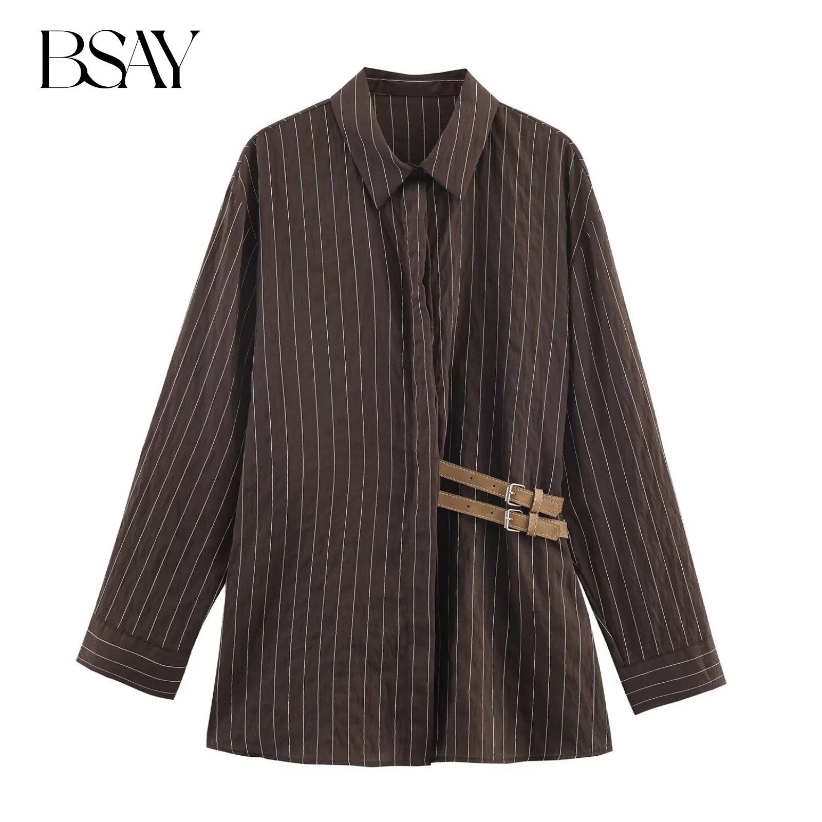 

BSAY Belt Buckle Striped Shirt for Women Fashion Autumn Winter New Long Sleeves Single Breasted Lapel Blouse Chic Ladies Top