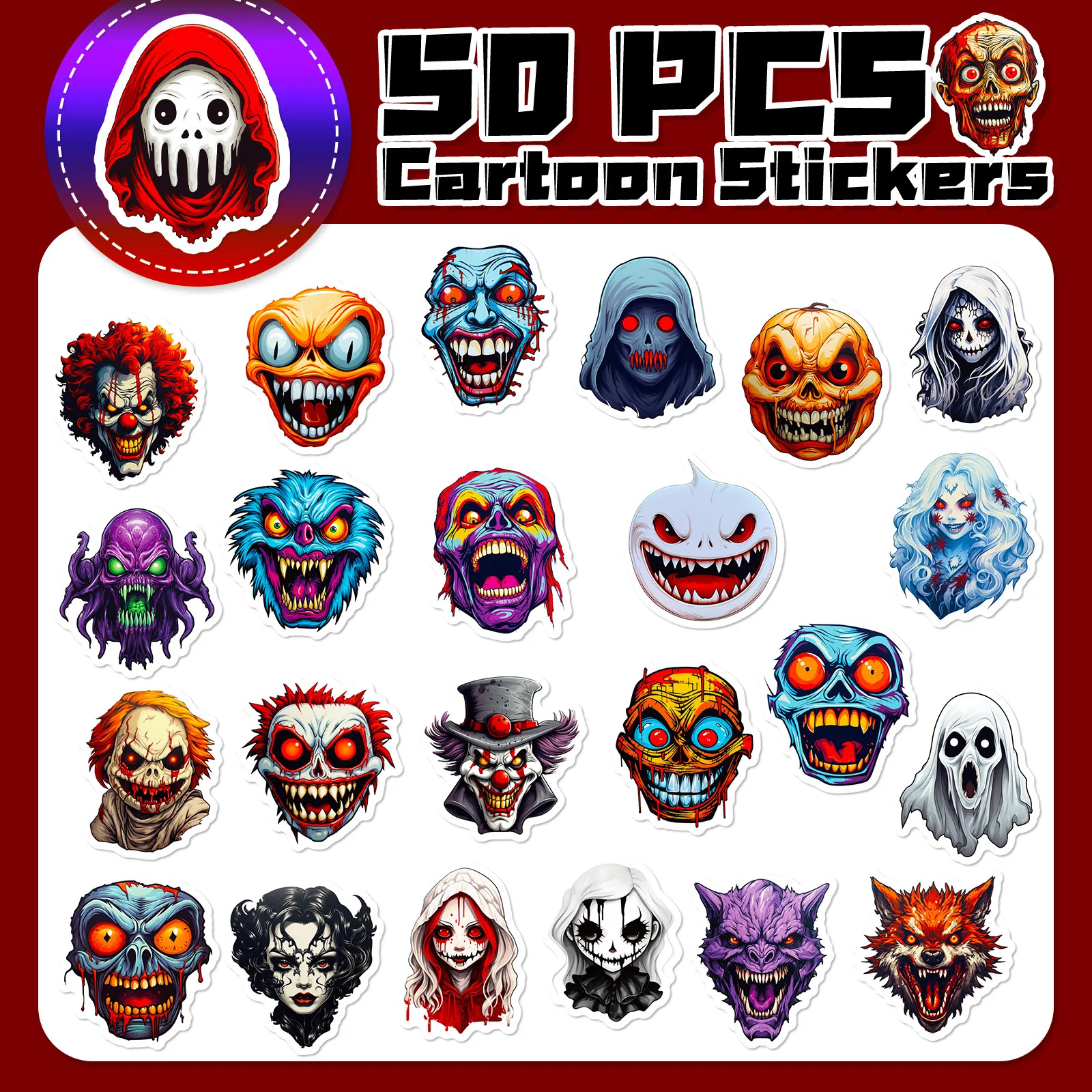 50pcs Horror Ghost Face Graffiti Sub-Horror Skull Halloween Spoof Scene Layout Suitcase Skateboard Helmet Waterproof Sticker