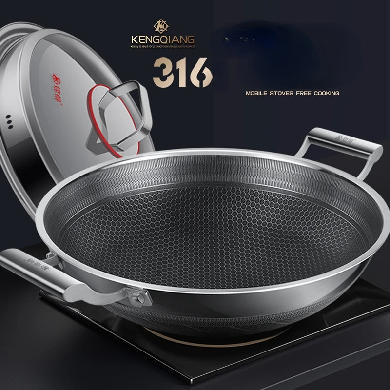 

German 316 stainless steel double-ear frying pan Honeycomb non-stick pan Stir-fried vegetable pot with round bottom