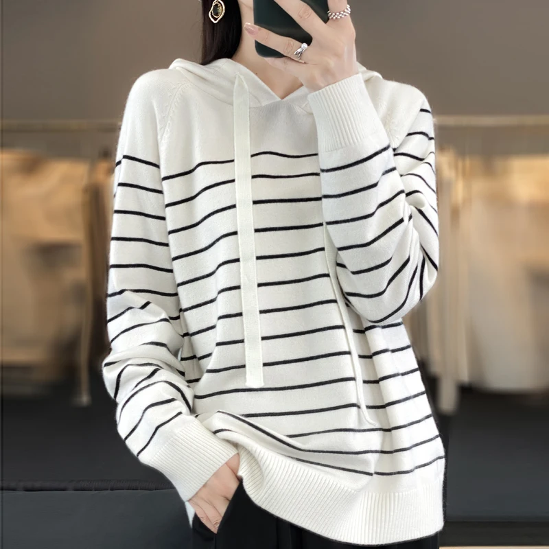 Streetwear Fashion Hooded Striped Sweaters Autumn Winter Loose Casual Drawstring All-match Female Long Sleeve Knitted Jumpers