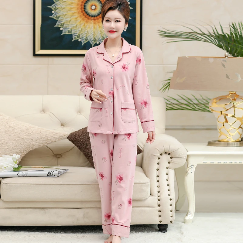 Big Size M-3XL Spring and Autumn Women knited Cotton Sleepwear Female Long Sleeve Floral Pajamas Set 2