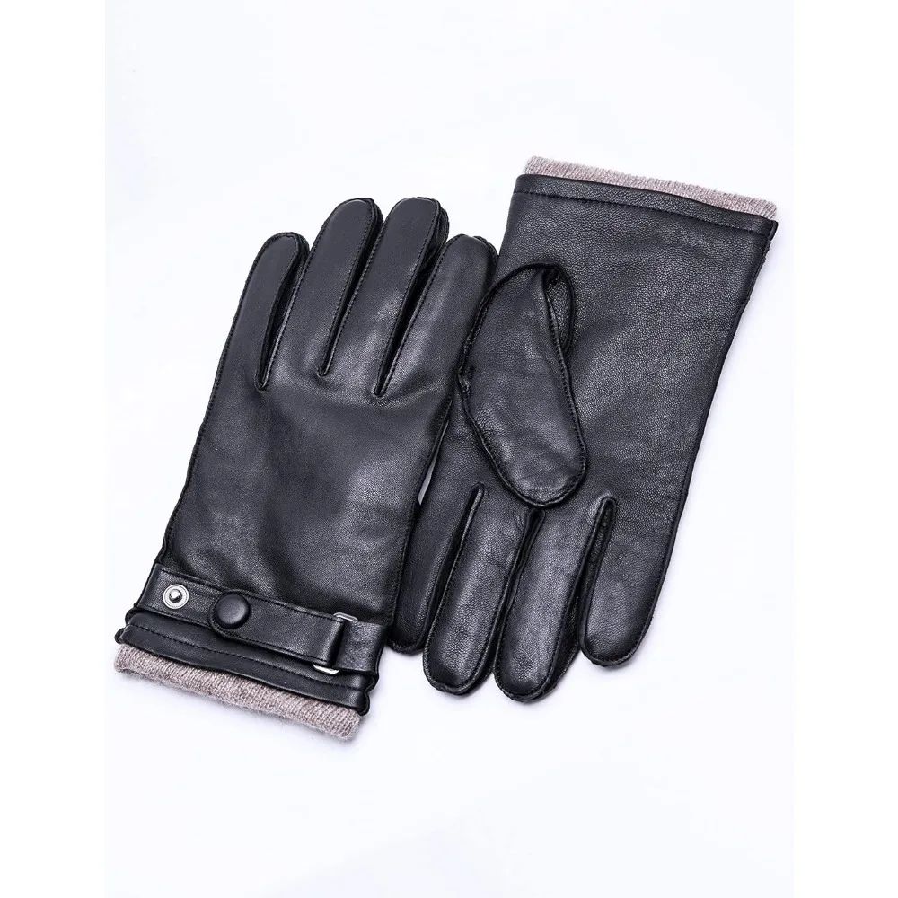 قفازات جلدية مبطنة بالكشمير تعمل باللمس للرجال - دفء ونمط جلد الخراف الشتوي