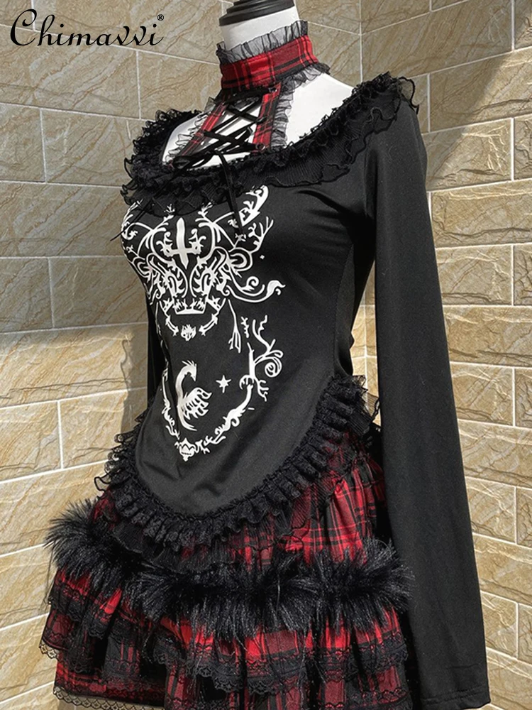 Subculture Gothic Sexy Girl's Half Lace Up Lace Stitching Long Sleeve Tops Mini Skirt Two-Piece Set Autumn Japanese Skirt Sets