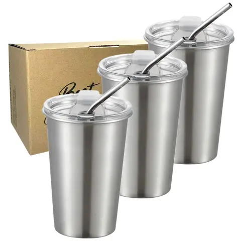 3 Pack  Stainless Steel Cup Pint Cup with Straw Lid for Kids and Adult Tumbler Metal Cup 16oz Drinking Glasses 500ml Home Travel
