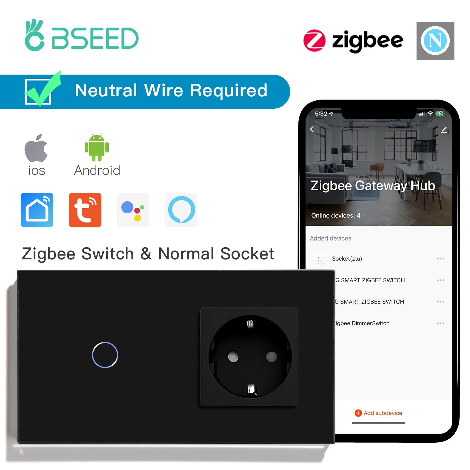 

BSEED ZigBee Light Switches 1/2/3Gang 1/2/3Way Sensor Wall Touch Switches Smart Tuya Alexa EU Standard USB Phone Charge Socket