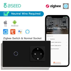 BSEED ZigBee Light Switches 1/2/3Gang 1/2/3Way Sensor Wall Touch Switches Smart Tuya Alexa EU Standard USB Phone Charge Socket