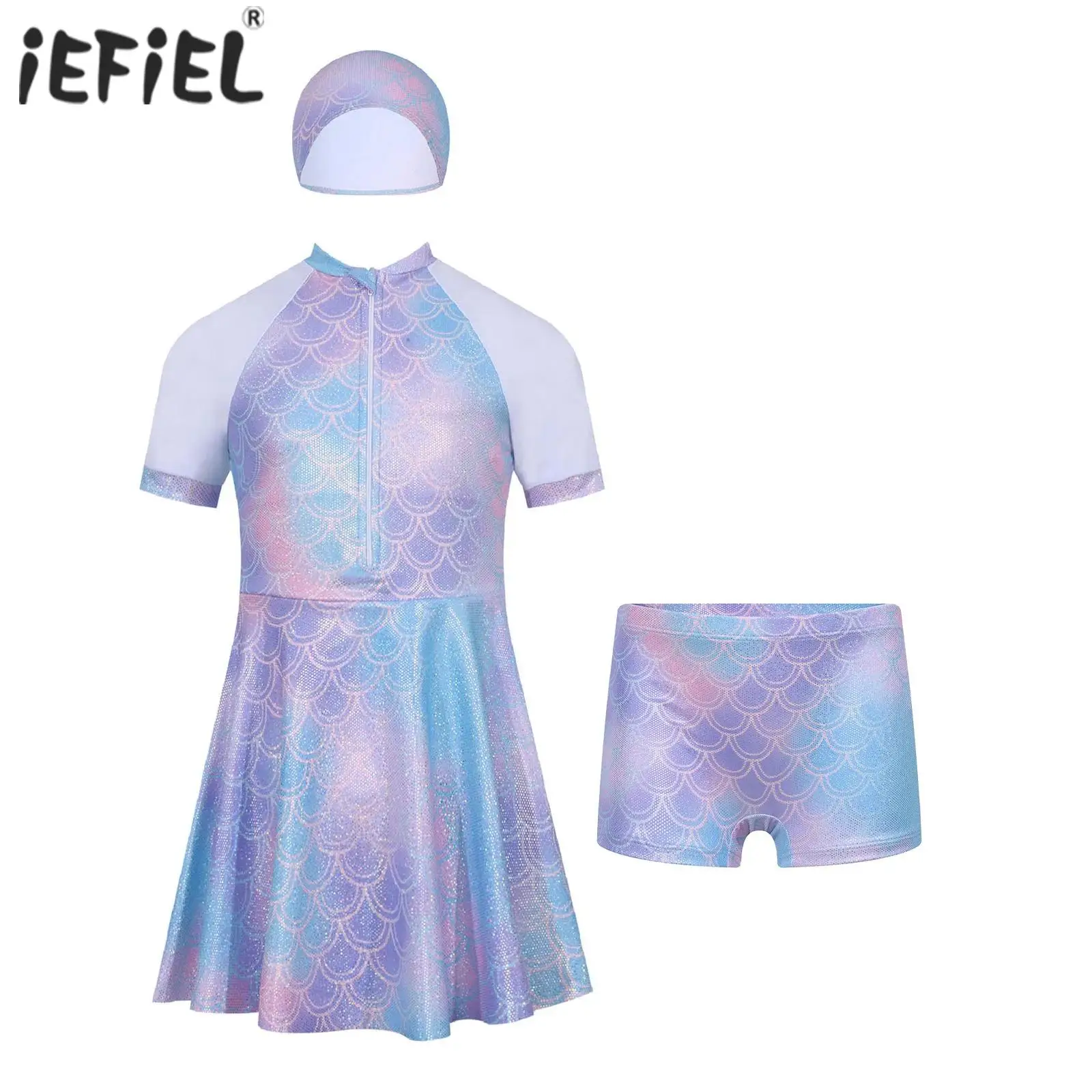 

Kids Girls 3-Piece Swimsuit Metallic Fish Scale Printed Swimwear Bathing Suit Short Sleeve Dress with Shorts and Swimming Cap