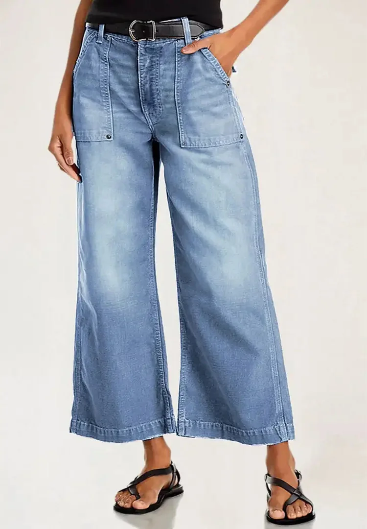 

Women's Fashion Washed Blue No-Elastic Large Pocket Comfortable Casual Wide Legs Nine-Level Jeans