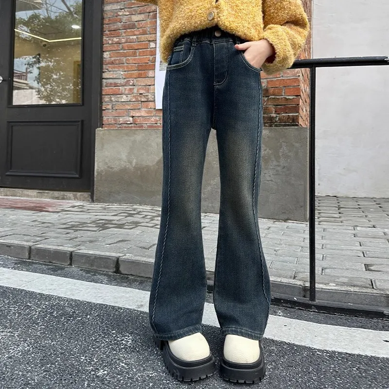 Kids Spring Autumn Bootcut Jeans for Teen Girls Elegant Flared Denim Pants Children Fashion Apparel Trousers with Side Pattern