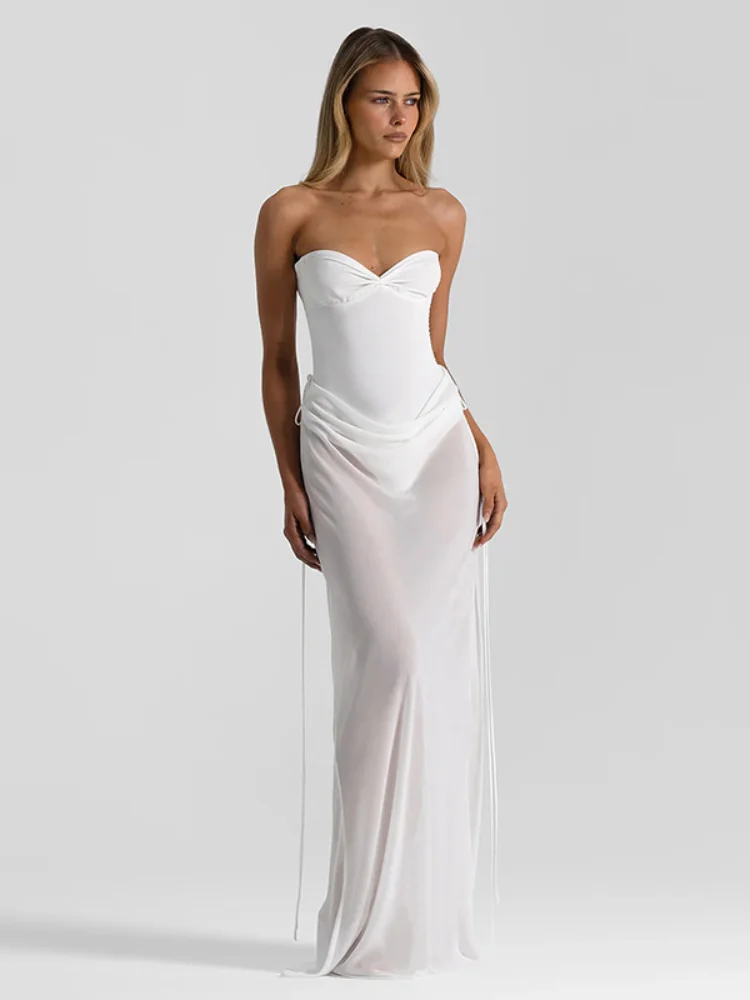 Solid Strapless Pleated Maxi Dress Women Sexy Satin Patchwork Off Shoulder Slim Long Robe Spring Lady Holiday Evening Party Gown