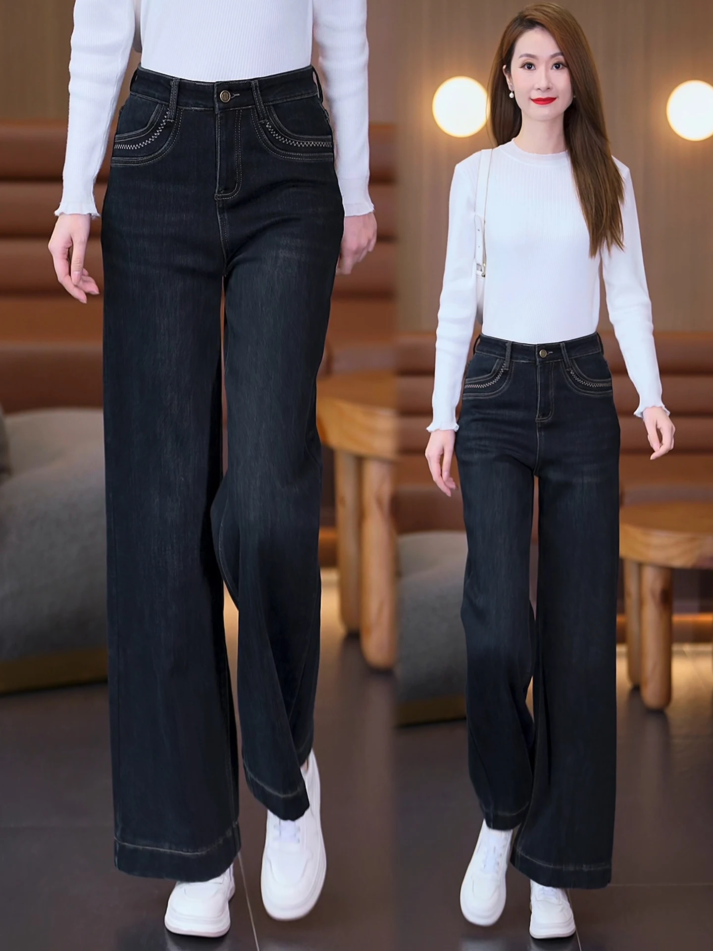 

Ретро джинсы с флисовой подкладкой, расклешенные, женские, с высокой талией, прямые, повседневные, слегка расклешенные, длинные брюки, осень-зима, новинка