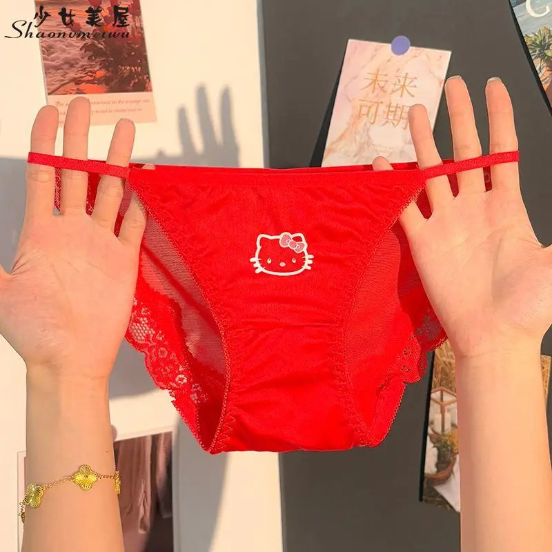 

1 Piece Large Size Cartoon Hello Kitty Solid Color Sexy Underwear Low Waist Underwear Cute Women's Briefs Holiday Girls Gift