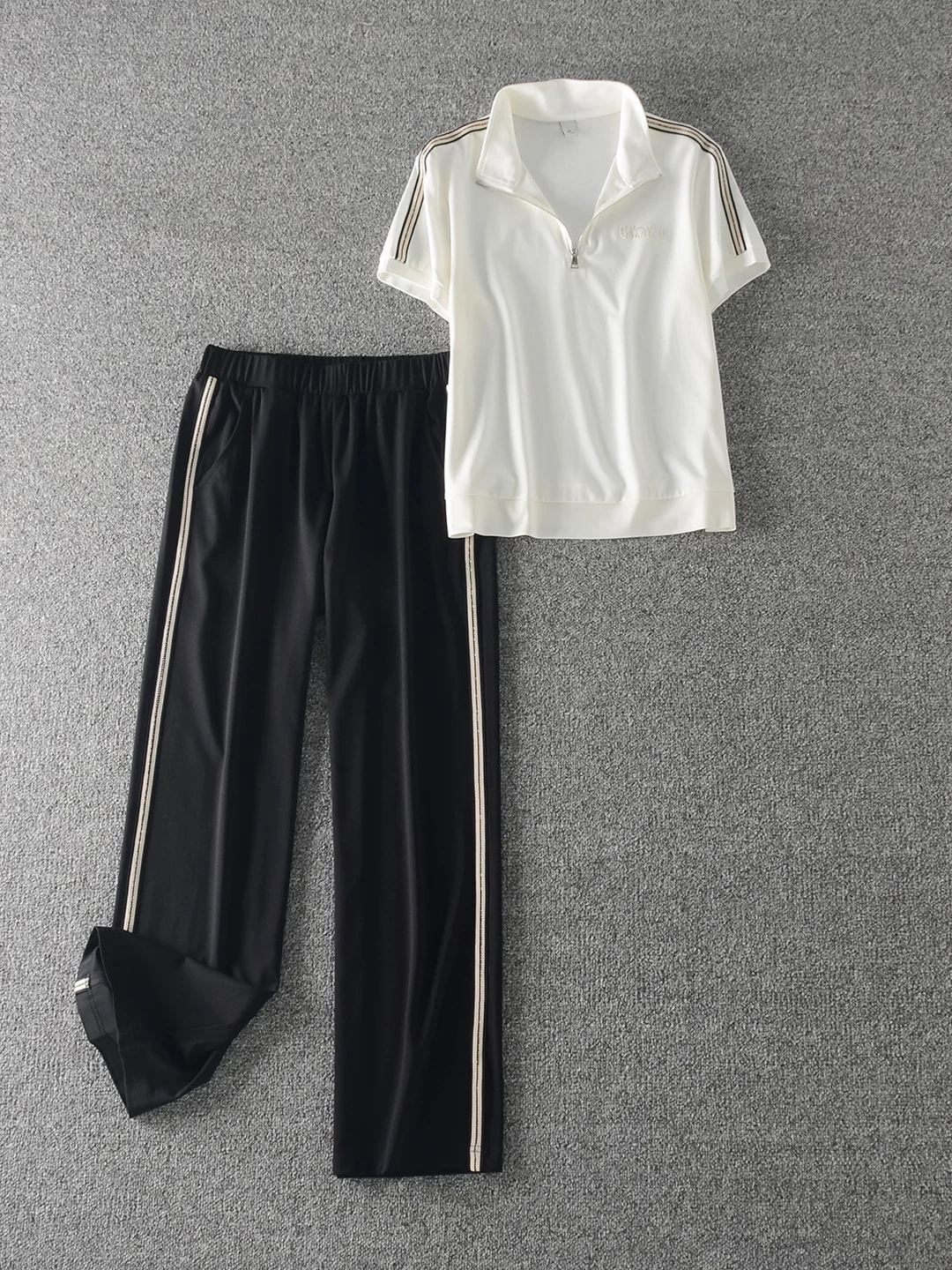 

Спортивный костюм Qui Dry для женщин: летний комплект из двух предметов с воротником, коротким рукавом и широкими брюками, повседневная спортивная одежда, длинные брюки