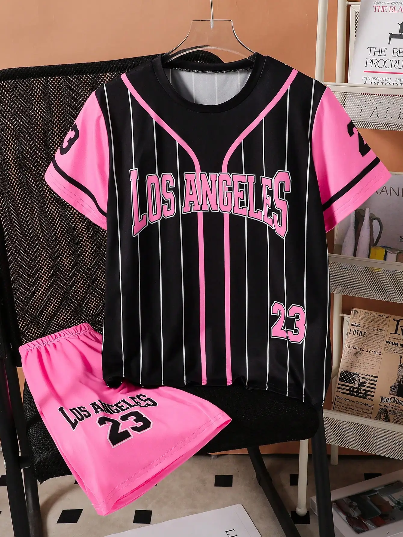 2 piezas Tween Girls Deportes al aire libre Béisbol de secado rápido Estilo 23 #   Conjunto de pantalones cortos de manga corta con cuello redondo y rayas de Los Ángeles con letras