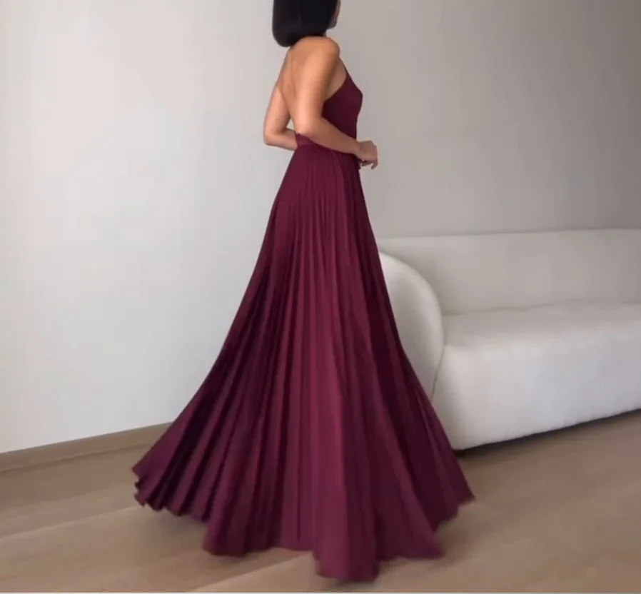 

Women Dresses 2026 Spring Summer New Solid Color Sexy Backless Hanging Neck Sleeveless High Waist Pleated Slit Long Dress