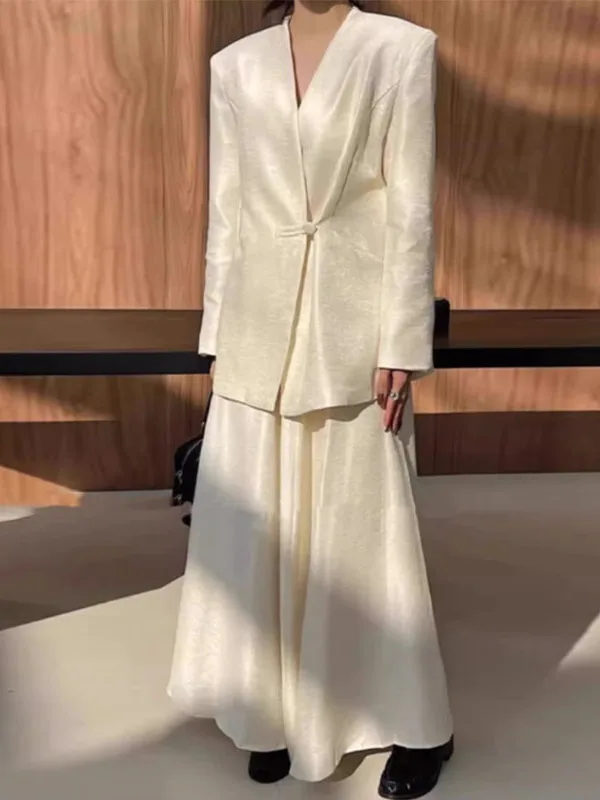 

White V-Neck Suit Jacket And Skirt Two-Piece Set Women's New Chinese Style Retro Spring Autumn Outfit Complete Set