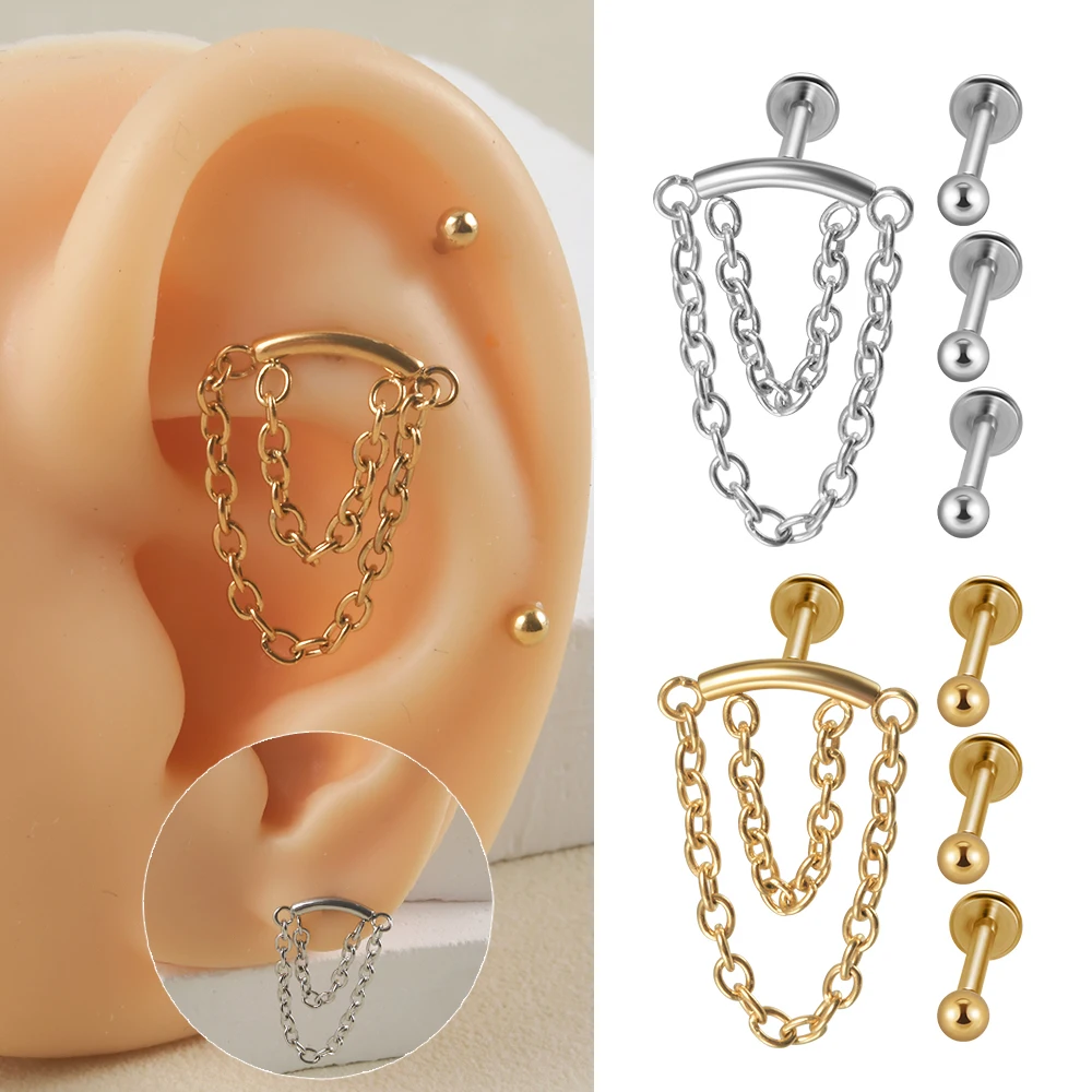1/4pcs Surgical Steel Labret Lip Ring Sets Earrings Chains Ear Cartilage Tragus Helix Daith Body Piercing Jewelry 16G Kits