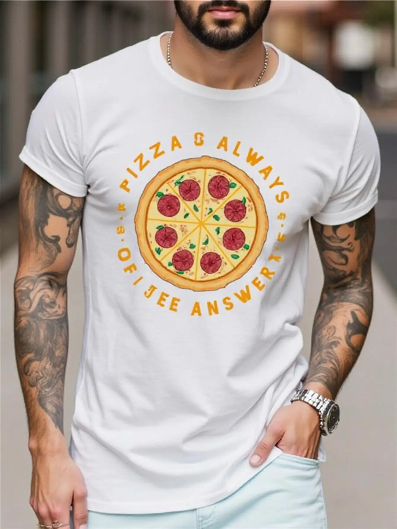 Camiseta con diseño de pizza siempre la respuesta con adornos de salchicha picante italiana y pimiento dulce, 100% algodón puro, top informal de manga corta con cuello redondo, lavable a máquina, traje de fiesta de pizza adecuado para hombres como regalo, ropa informal con