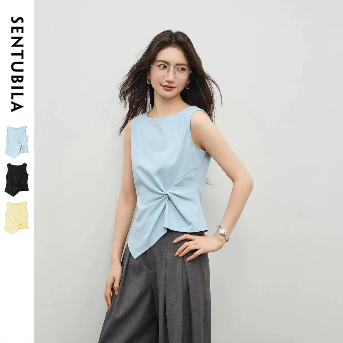 SENTUBILA Women's Summer Tank Tops 2026 Casual Cotton Sleeveless Tee Slim Fit Twist Asymmetrical Hem T-shirts Woman 162TA5638