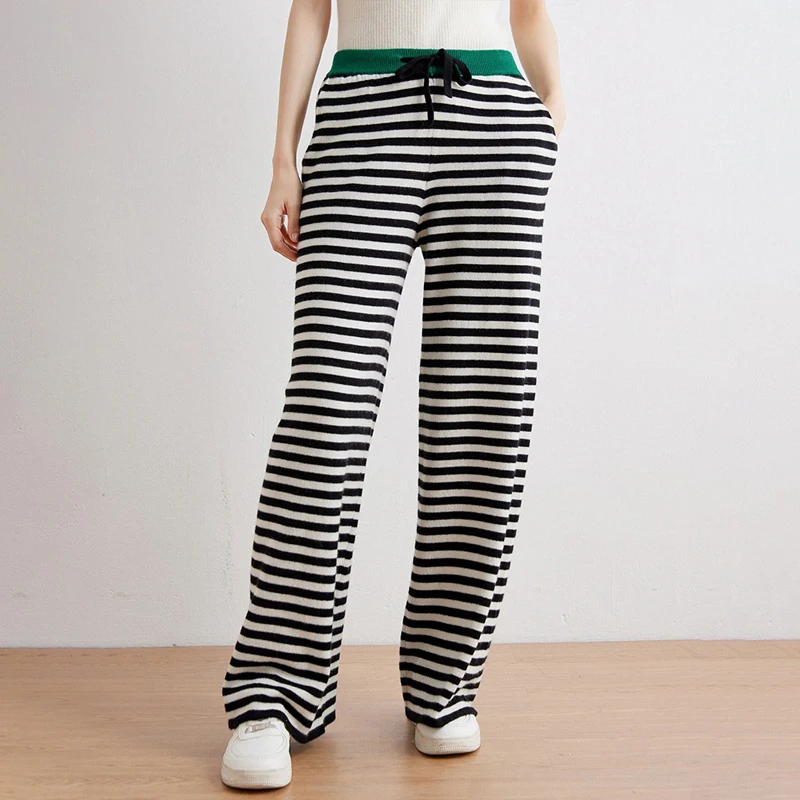 Birdtree, 100% Cashmere Pants, Women's Lace Up Striped Zebra Wide Leg Style, 2024 Autumn/winter New Pants B48031KE