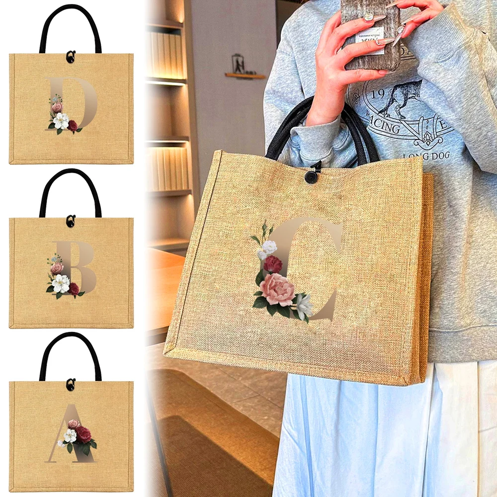 Linen Button Handbag Shoulder Bag ｇold Organizer Storage Jute Tote Bags Imitation Cotton and Women Shopping