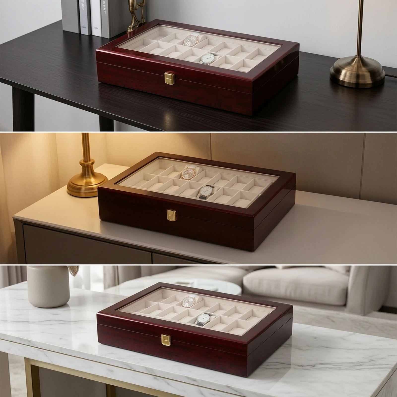Watch Box with 24 Slots Large Capacity Watch Box with Glass Lid Cushioned Padded for Dresser, Retail Display