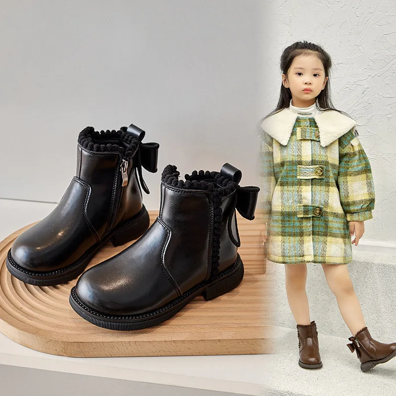 Girls Short Boots with Back Knots Kids Ankle Boots Soft Sole 2024 New Girls' Princess Leather Boots with Warm Cotton Side Zip