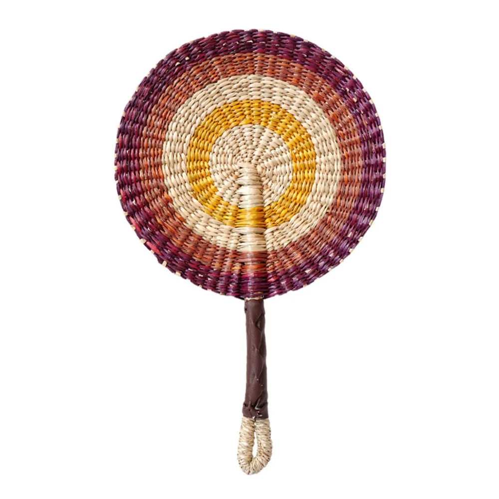 

Colorful Striped Patterns Seagrass Woven Fan Vintage Bohemian Hand Braided Fan Lightweight Anti-Mosquito Summer Cooling Fan