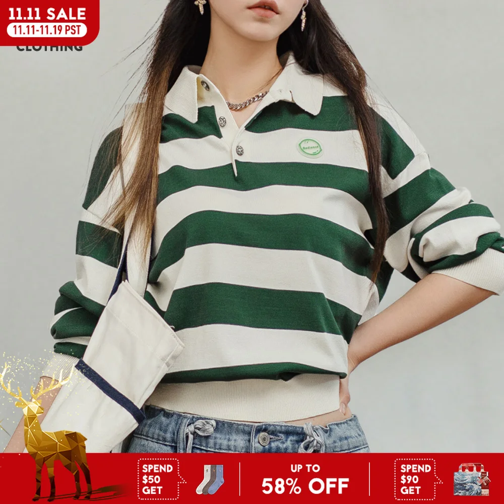 

Классическая бело-зеленая полосатая рубашка Maden в стиле ретро для женщин, осенняя футболка с длинными рукавами, свободные повседневные топы