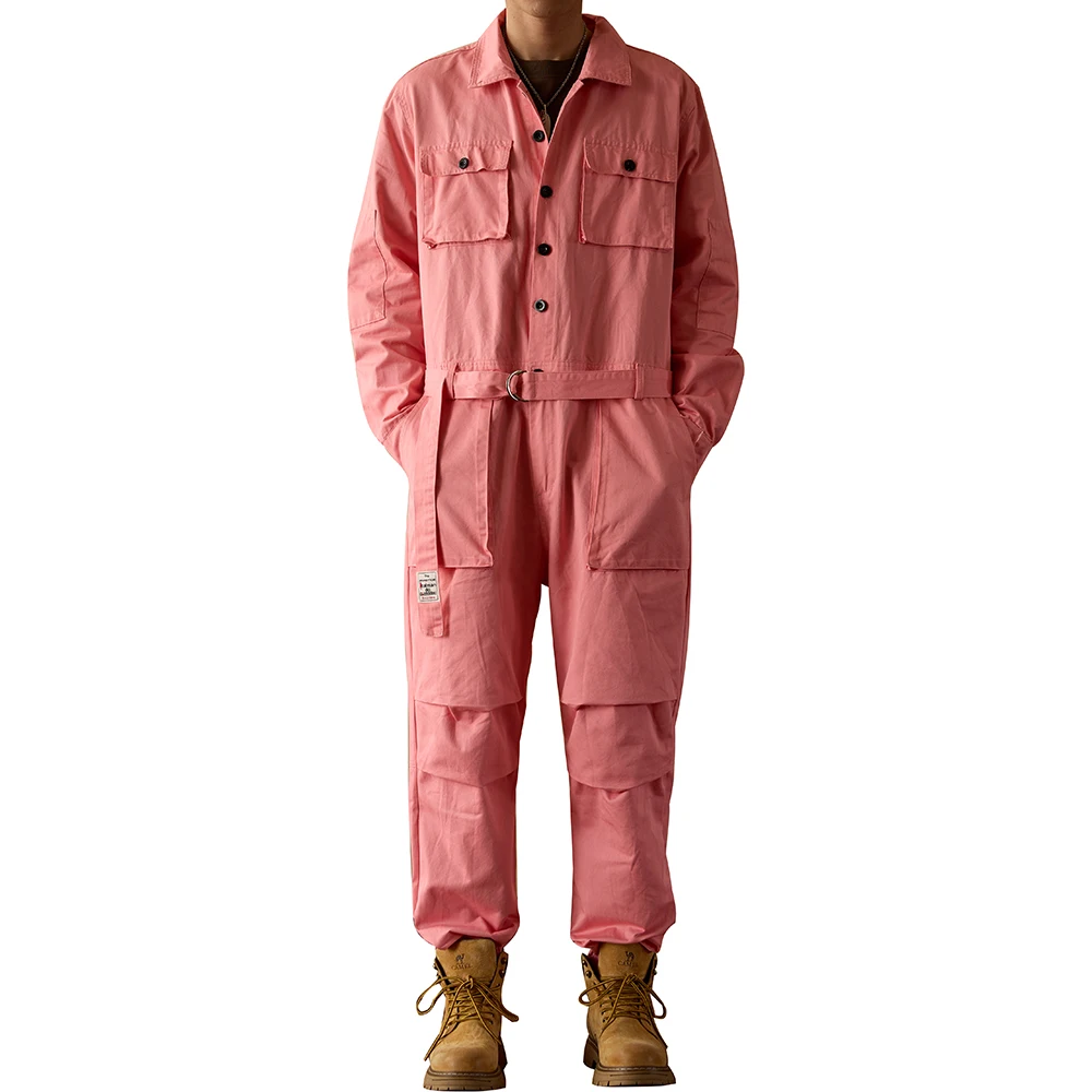 

Men Pockets Cargo Jumpsuits with Belt Casual Loose Long Sleeve Overalls Working Clothing Pink Costume Jogger Pants Workwear