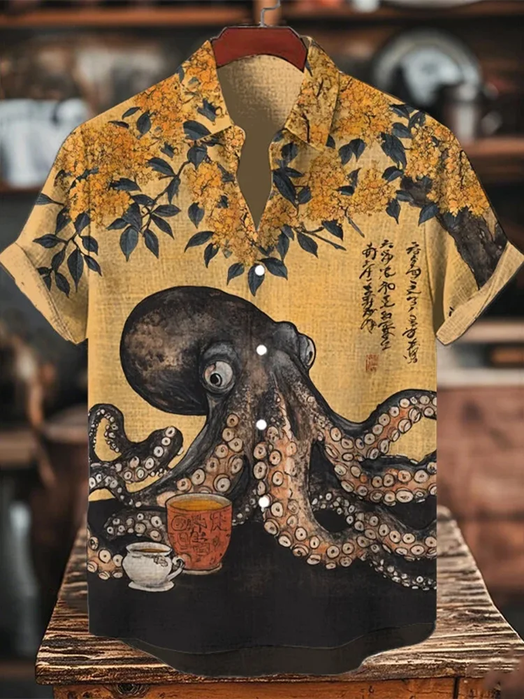 

Vintage octopus Graphic Beach Shirt For Men Marine Animal 3D Print Hawaiian Shirts Summer Vacation Loose Short Sleeve Clothing