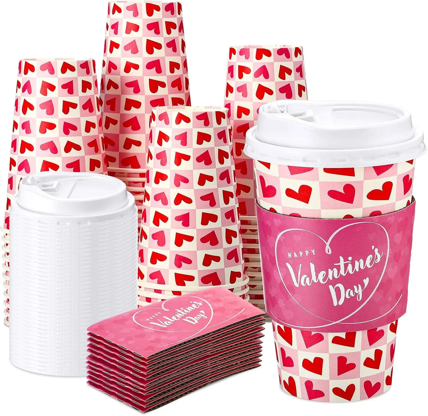 

50 Pack 16 oz Mother's Day Disposable Coffee Cups with Lids and Sleeves Heart Paper Drinking Cups Bulk for Wedding Birth