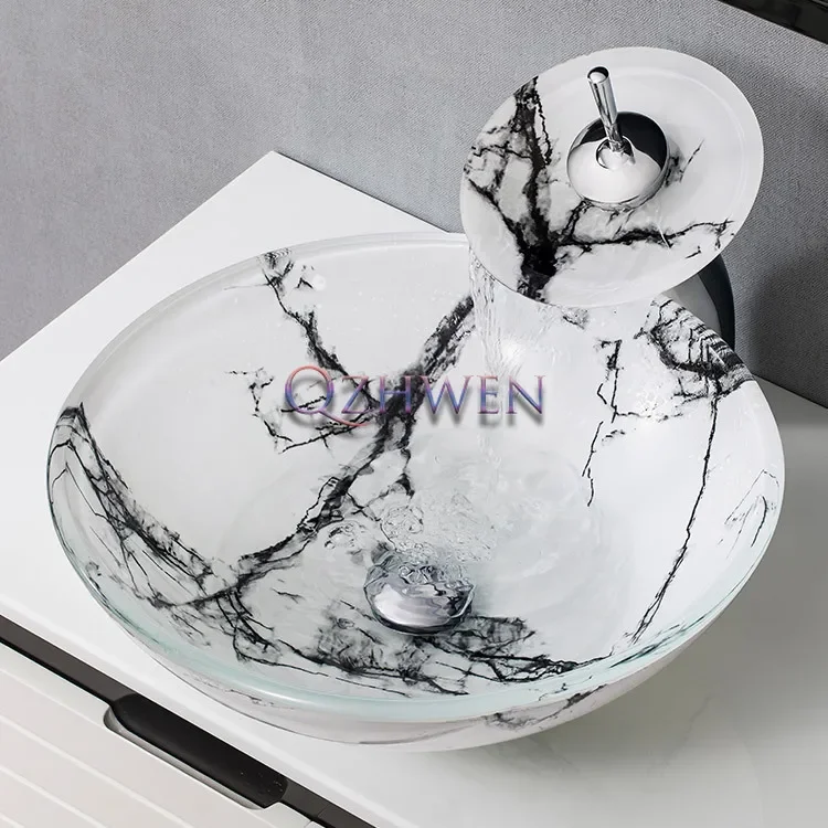 

Bathroom Sink Glass Washbasin Countertop Round Bowl Basin Marble Pattern Balcony Hand Wash Pool Vessel Sink 420*420*145mm