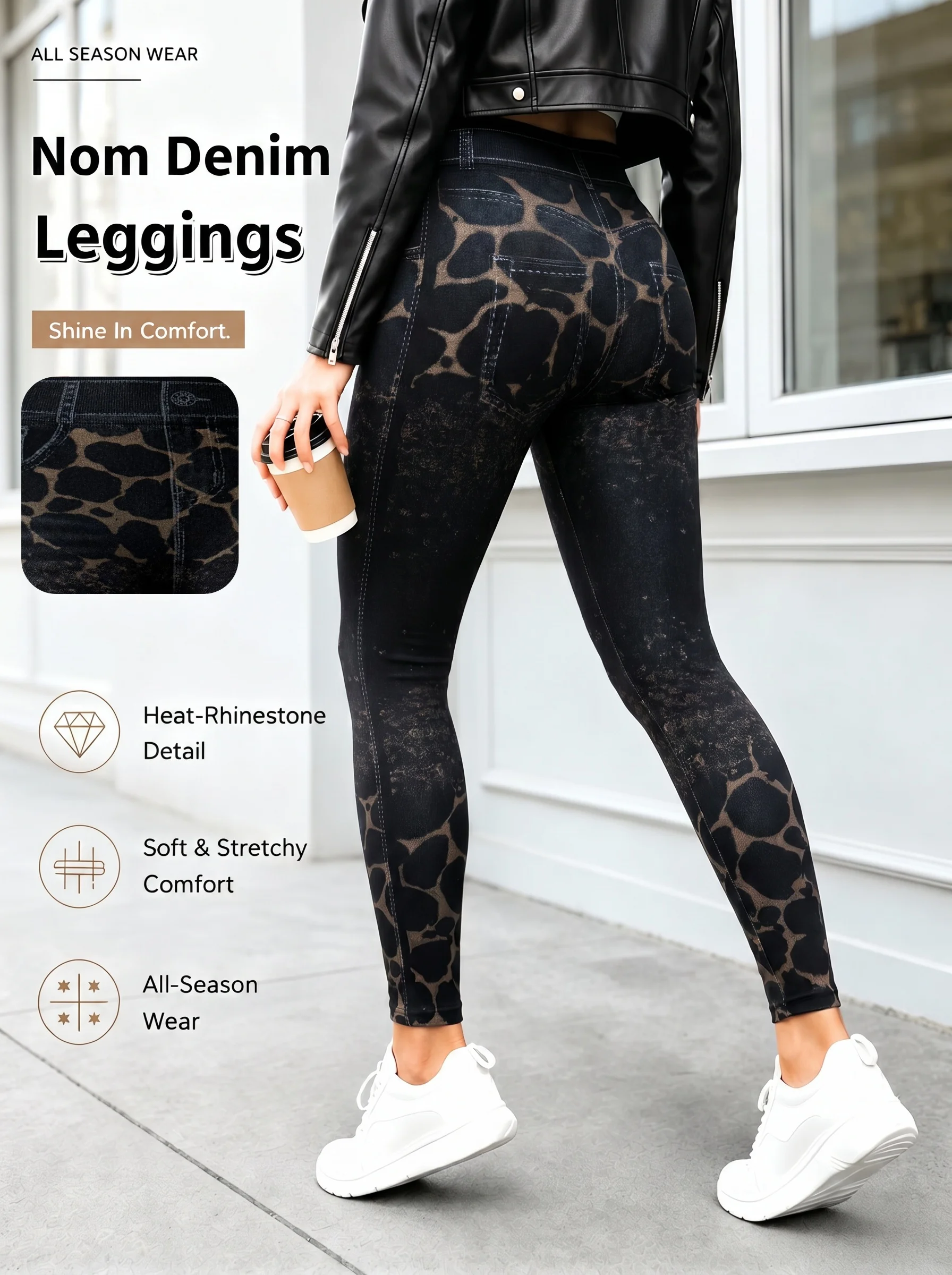 Damen Schwarze Vintage Leopardenmuster Faux-Denim Knöchellange Leggings Kühne Hochelastische Hosen für Dates Urlaub Streetwear – Detail 2