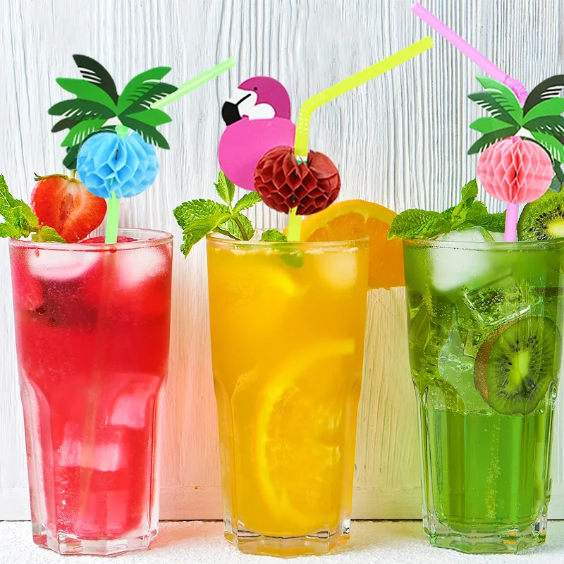 25Pcs Flamingo Pineapple Drinking Straws Mix Color Disposable Straw Tropical Birthday Party Decor Hawaii Beach Party Supplies