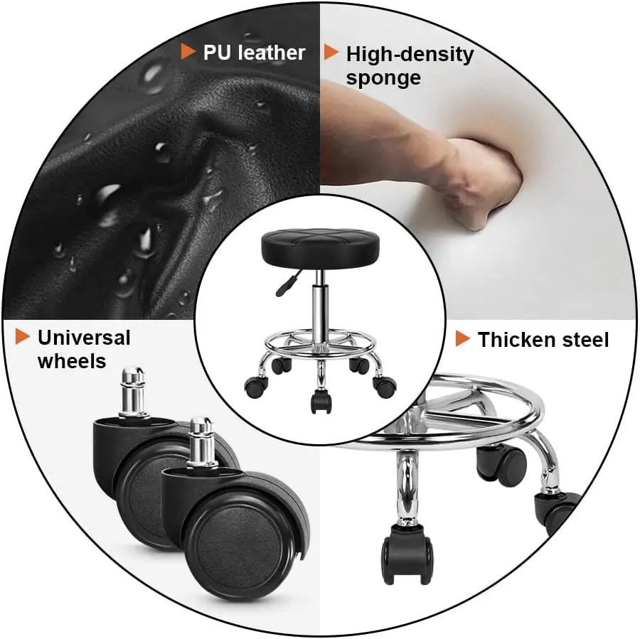 Round Rolling Stool Chair PU Leather Height Adjustable Swivel Drafting Work SPA Shop Medical Salon Stools with Wheels Of