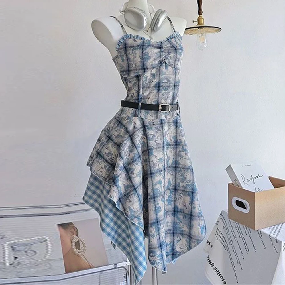 American blue tie-dye plaid suspender dress women's summer new temperament waist thin irregular medium and long dress