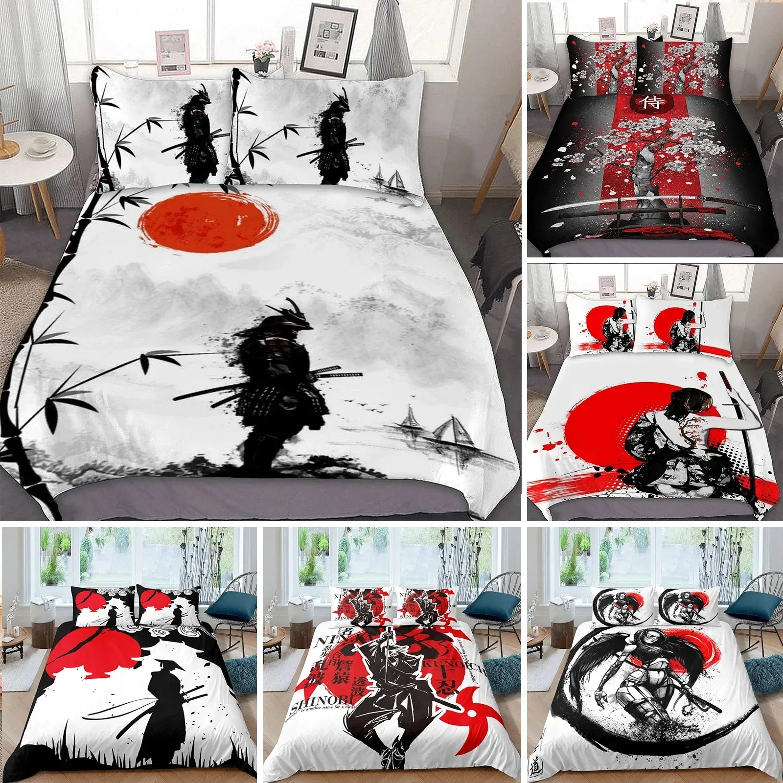 

Japanese Samurai Bedding Set KingQueenFull Size Japan Sunset Scenery Building Silhouette Polyester Duvet Cover Men Black Red