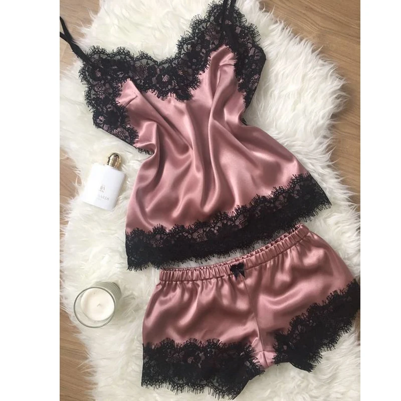 Women Pajama suit Fashion V-Neck Stretch Satin Babydoll Lace Sexy Lingerie Bowknot Pyjamas Sleep Shorts Set Sleepwear New