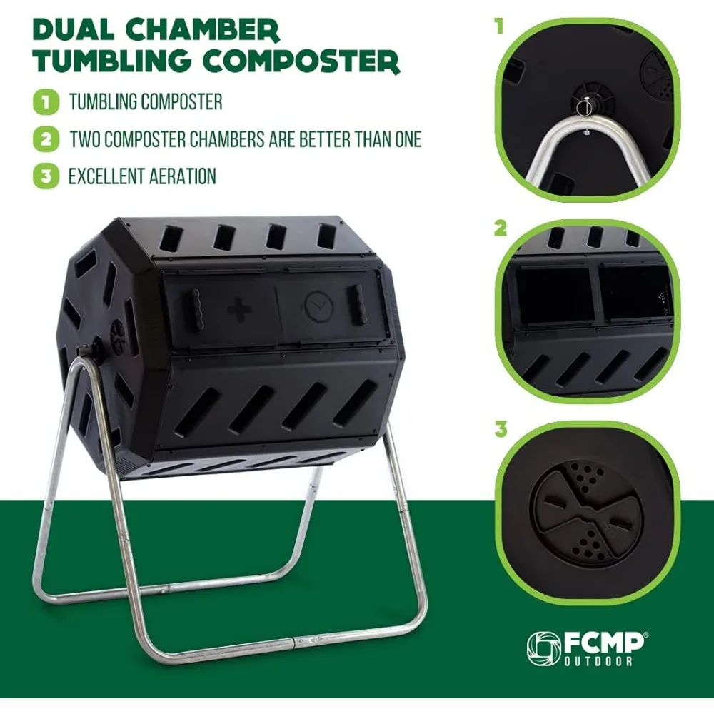 Composter de caída de doble cámara hecho en canadiense, resina 100% reciclada, contenedor de vaso de compost giratorio para exteriores para jardín